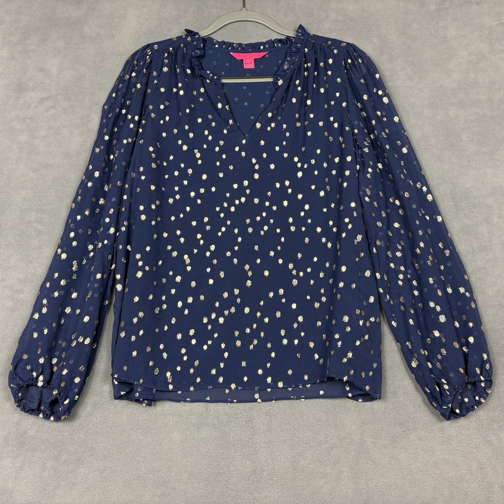 Lilly Pulitzer Size Large Navy 100% Silk Metallic Dot Blouse Long Sleeve Ruffle - Picture 2 of 9